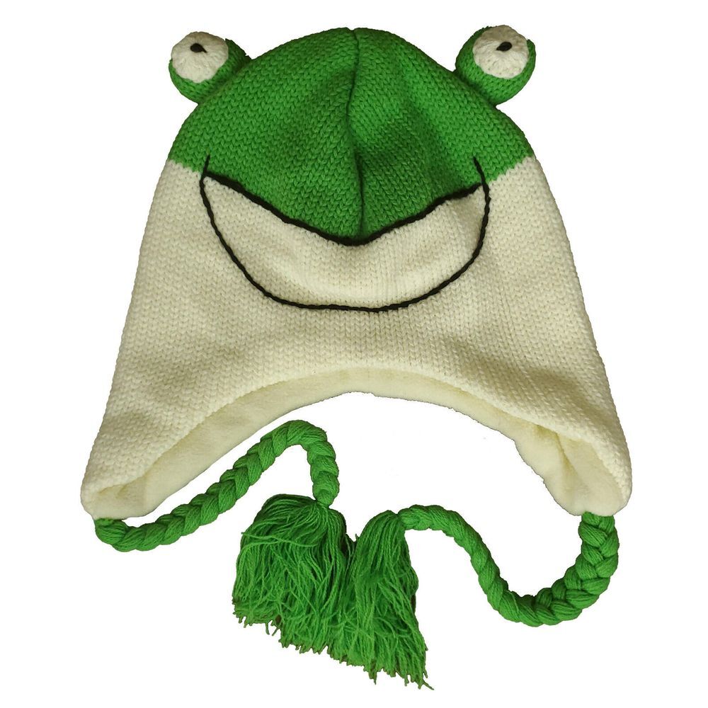Frog Toad Knit Beanie Laplander Cap Hat 3D Eyes Braided Tassels Green White New